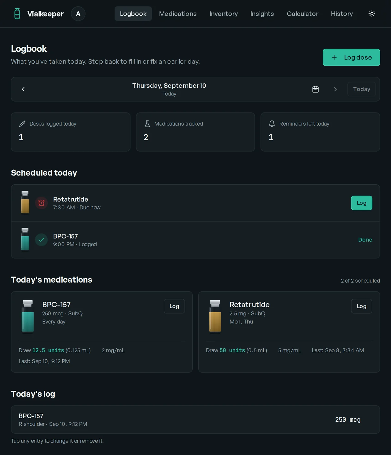 Vialkeeper logbook screen for a Thursday: two medications scheduled, one already logged, each showing the units to draw.